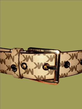 Michael Kors Beige Signature Logo Belt with Gold Buckle